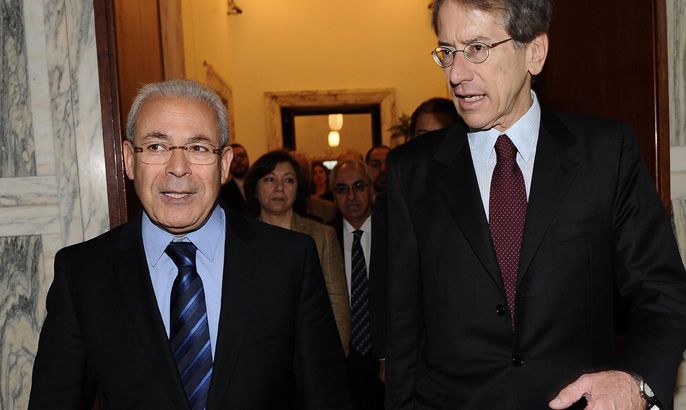 epa03216950 Italian Foreign Minister Giulio Terzi (right) welcomes the chairman of the Syrian opposition Transitional National Council Bourhan Ghalioun at Farnesina Palace in Rome, Italy, 13 May 2012. EPA