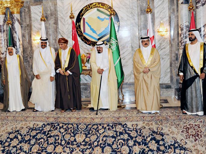 In a handout picture released by the official Saudi Press Agency (SPA), Gulf Cooperation Council (GCC) leaders and officials pose for a group picture on the sidelines of a summit meeting in the Saudi capital Riyadh on May 14, 2012. Gulf leaders gathered in the desert kingdom to discuss developing their six-nation council into a union, a Saudi proposal likely to start with the kingdom and unrest-hit Bahrain. From L to R: Saudi Crown Prince Nayef bin Abdul Aziz, Kuwaiti Emir Sheikh Sabah al-Ahmad al-Sabah, Qatar's Emir Sheikh Hamad bin Khalifa al-Thani, Omani Deputy Prime Minister Fahd Bin Mahmud al-Said, Saudi Arabia's King Abdullah bin Abdul Aziz, his Bahraini counterpart King Hamad bin Issa al-Khalifa and Emirati Vice President and ruler of Dubai, Sheikh Mohammed bin Rashid al-Maktoum. AFP