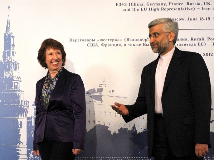 Moscow, -, RUSSIAN FEDERATION : EU foreign policy chief Catherine Ashton (L) and chief Iranian nuclear negotiator Saeed Jalili meet in Moscow, on June 18, 2012, before the start of the high-stakes talks on the controversial Iranian nuclear programme. Negotiators from Iran and world powers started today crunch talks in the Russian capital seen by some commentators as a final chance to solve the crisis diplomatically. AFP PHOTO / EU/ POOL/ KIRILL KUDRYAVTSEV