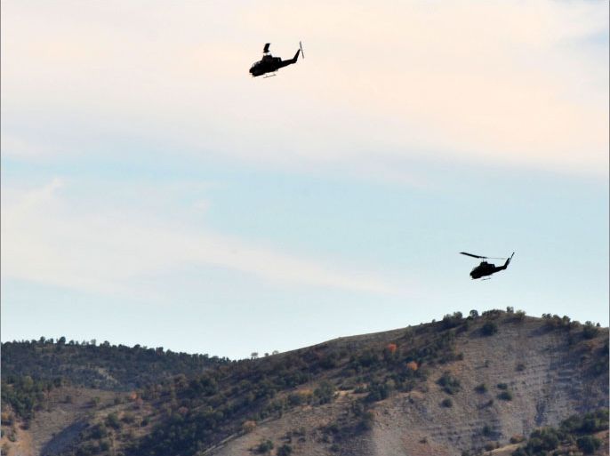 Turkish military helicopters fly over a mountain in Yemisli, Hakkari province near the Iraqi border in southeastern Turkey, on October 22, 2011. Turkish military strikes have killed 49 Kurdish rebels in two days during a major offensive in the country's mainly Kurdish south, the army announced on October 22. The PKK listed as a terrorist organisation by Turkey and much of the international community took up arms for Kurdish independence in southeastern Turkey in 1984, sparking a conflict that has claimed some 45,000 lives.