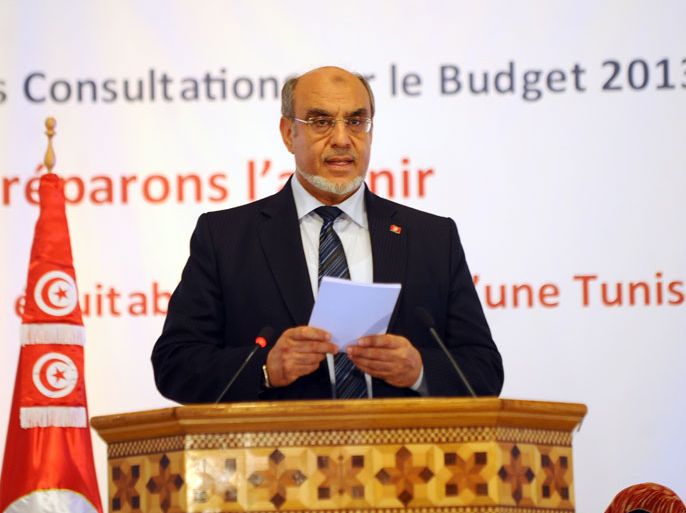 -, TUNISIA : Tunisian Prime Minister Hamadi Jebali speaks at the start of a seminar on "Launching Consultations on the 2013 budget, Preparing for the Future for more Equitable and Inclusive Development in the new Tunisia" on June 23, 2012, in Tunis. The seminar was also attended by American Nobel Prize in Economy winner Joseph Stiglitz and Mustapha Kamel Nabli, a Tunisian economist and the Governor of the Central Bank of Tunisia. AFP PHOTO / FETHI BELAID