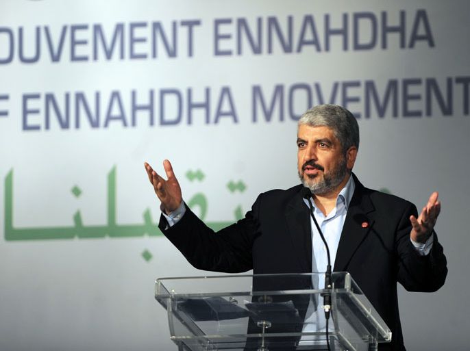 Khaled Meshaal,political chief of the Palestinian Islamist movement Hamas which rules the Gaza Strip speaks at the congress of the Tunisia's ruling Islamist party Ennahda on July 12, 2012 in Tunis. The head of Ennahda Rached Ghannouchi called for "national consensus" at the launch of its first congress at home in 24 years, held at a time of political and religious tensions. About 1,