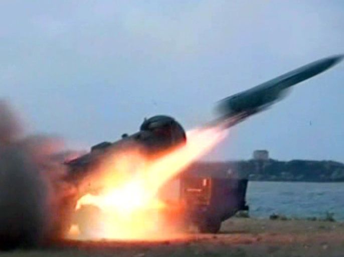 handout picture released by the official Syrian Arab News Agency (SANA) on July 7, 2012, shows a missile being fired during a Syrian military excercise at an undislosed coastal location in Syria. AFP PHOTO/HO == RESTRICTED TO EDITORIAL USE - MANDATORY CREDIT "AFP