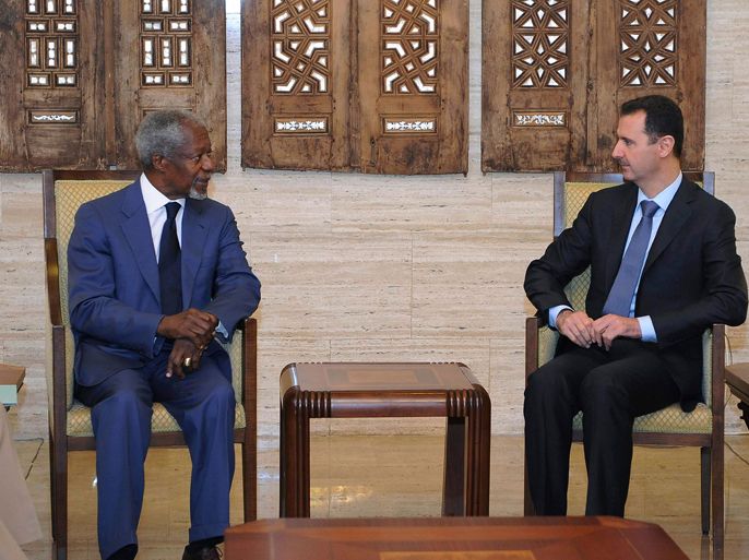 Syria's President Bashar al-Assad (R) meets U.N. Syria peace envoy Kofi Annan in Damascus July 9, 2012, in this handout photograph released by Syria's national news agency SANA. REUTERS