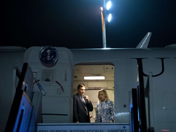 US Secretary of State Hillary Clinton arrives at Ben Gurion International Airport on July 15, 2012 in Lod, outside Tel Aviv. Clinton is in Isreal after visiting Egypt during a multiple stop trip through France, Afghanistan and southeast Asia. AFP
