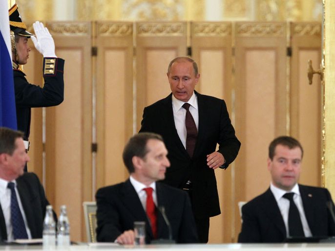 Russian President Vladimir Putin (2nd R) arrives to head the State Council in the Kremlin, in Moscow, Russia, 17 July 2012