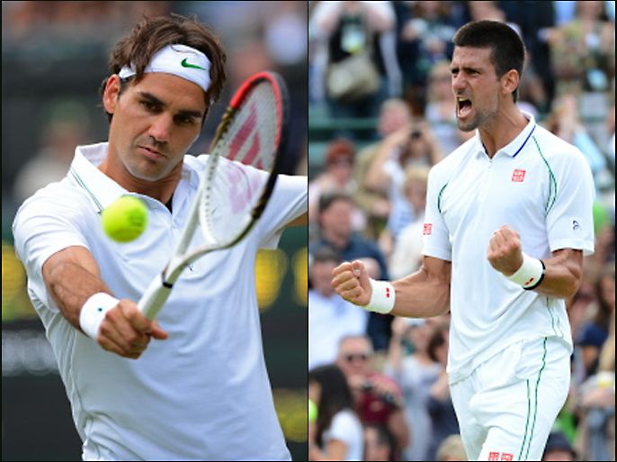 Switzerland's Roger Federer (L) and (R) Serbia's Novak Djokovic