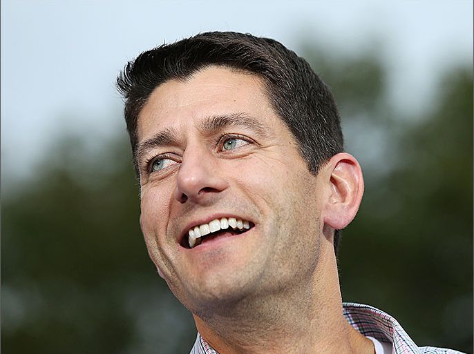 WAUKESHA, WI - AUGUST 12: Republican vice presidential candidate Rep. Paul Ryan (R-WI) speaks during a homecoming campaign rally at the Waukesha County Expo Center on August 12, 2012 in Waukesha, Wisconsin. Mitt Romney continues his four day bus tour a day after announcing his running mate, Rep. Paul Ryan (R-WI). Justin Sullivan/Getty Images/AFP== FOR NEWSPAPERS, INTERNET, TELCOS & TELEVISION USE ONLY ==