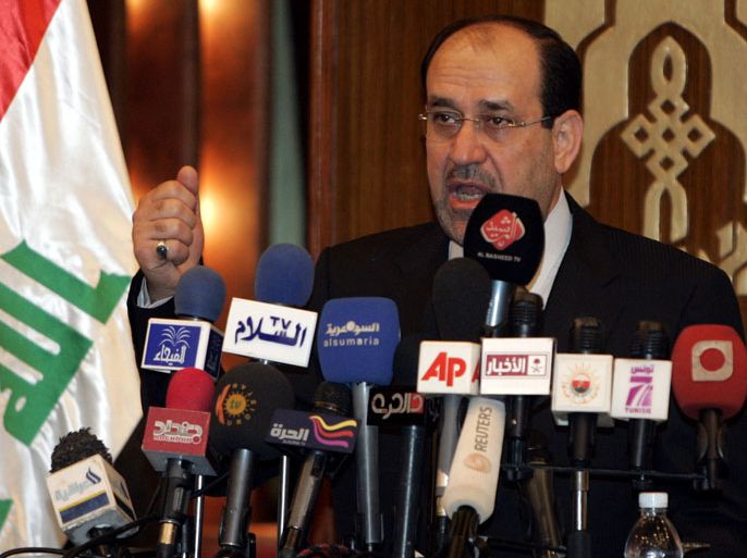 epa01899941 Iraq's Prime Minister Nuri al-Maliki speaks during a memorial service for victims of the bombing that targeted the Iraqi Foreign Ministry 55 days ago, at al-Rasheed hotel in Baghdad, Iraq on 16 October 2009. EPA/ALI ABBAS
