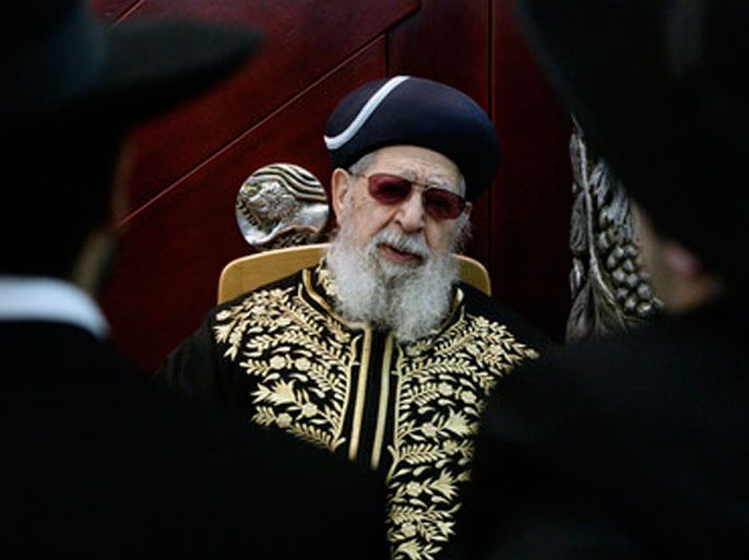 A photoraph released on 29 August 2010 shows Rabbi Ovadia Yosef, the spiritual leader of the ultra-Orthodox Shas party during a prayer in a Jerusalem synagogue on May 25, 2010. On 29 August 2010 Saeb Erekat, the Chief negotiator for the Palestinians. responded to Rabbi Yosef who the night before wished for the death of Palestinian President Mahmoud Abbas and his people, calling them 'evil enemies of Israel.' Erekat said Yosef's remarks were tantamount to calling for 'genocide against Palestinians' and demanded a respose for the Israeli government. On September 2 the Palestinians are due to open 'direct talks' with the Israelis in Washington DC. EPA/ABIR SULTAN ISRAEL OUT