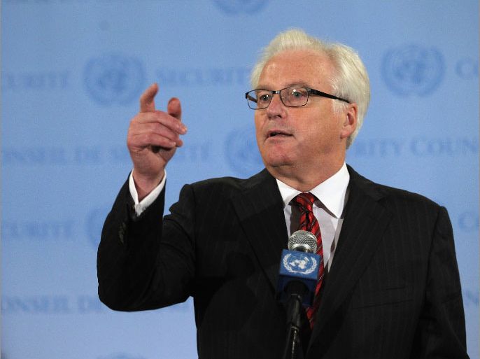 NEW YORK, NY - JULY 19: Russian Ambassador to the United Nations Vitaly Churkin speaks to the media after a vote on a new U.N. Security Council resolution on Syria at U.N. headquarters on July 19, 2012 in New York City. The resolution aimed at ending the violence with non-military sanctions in Syria failed to gather enough votes to pass with Russia and China vetoing. Mario Tama/Getty Images/AFP== FOR NEWSPAPERS, INTERNET, TELCOS & TELEVISION USE ONLY ==