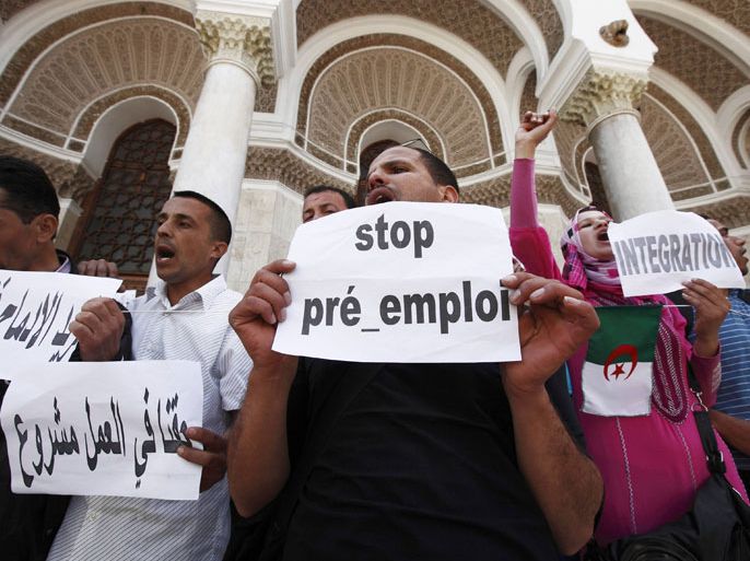 Graduates who work temporary jobs in the public sector protest against the government in downtown Algiers