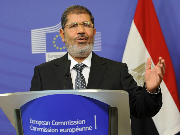 Egyptian President Mohamed Morsi speaks during a joint press conference with European Commission President after their meeting at the EU headquarters in Brussels on September 13, 2012. AFP PHOTO/JOHN THYS