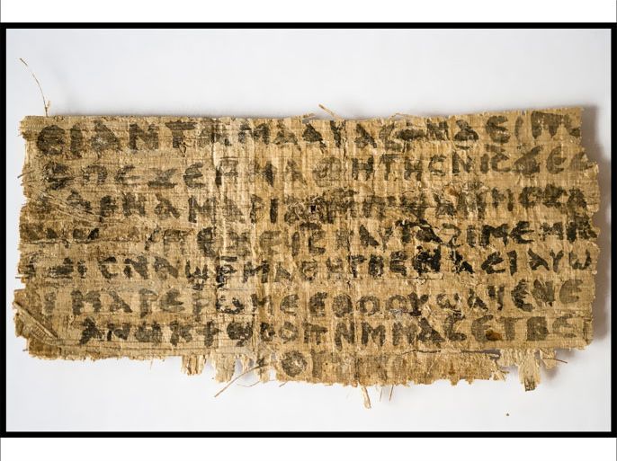 A previously unknown scrap of ancient papyrus written in ancient Egyptian Coptic is pictured in this undated handout photo obtained by Reuters September 18, 2012. The papyrus has four words written in Coptic that provide the first unequivocal evidence that within 150 years of his death, some followers of Jesus, believed him to have been married.