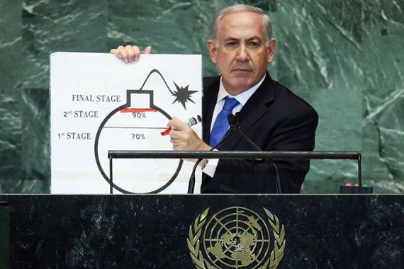 NEW YORK, NY - SEPTEMBER 27: Benjamin Netanyahu, Prime Minister of Israel, pauses after drawing a red line on a graphic of a bomb while discussing Iran during an address to the United Nations General Assembly on September 27, 2012 in New York City. The 67th annual event gathers more than 100 heads of state and government for high level meetings on nuclear safety, regional conflicts, health and nutrition and environment issues. Mario Tama/Getty Images/AFP== FOR NEWSPAPERS, INTERNET, TELCOS & TELEVISION USE ONLY ==
