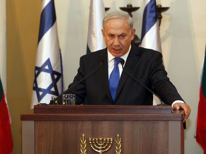 Israeli Prime Minister Benjamin Netanyahu gestures speaks during a joint press conference with his Bulgarian counterpart Boyko Borisov (not seen) in Jerusalem on September 11, 2012