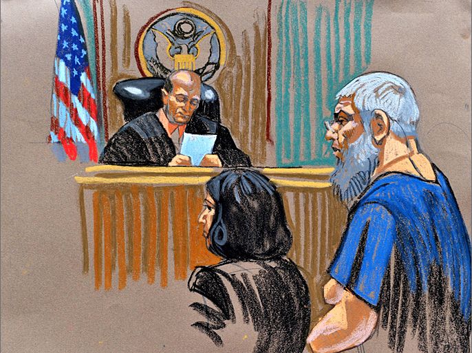 In this courtroom sketch, radical Islamist preacher Abu Hamza al-Masri (R) appears before before US Magistrate Judge Frank Maas (L) in Federal Court on October 6, 2012 in New York after being extradited from Britain. Maas ordered that the Hamza be kept in detention, after a brief court hearing Saturday. The terror suspect was told of the 11 charges he faces. Hamza did not speak at the hearing which was a prelude to his arraignment due October 9, when he will be formally charged. = RESTRICTED TO EDITORIAL USE - MANDATORY CREDIT "AFP PHOTO / CHRISTINE CORNELL" - NO MARKETING NO ADVERTISING CAMPAIGNS - DISTRIBUTED AS A SERVICE TO CLIENTS = MANDATORY MENTION OF THE ARTIST UPON PUBLICATION = TO ILLUSTRATE THE EVENT AS SPECIFIED IN THE CAPTION =