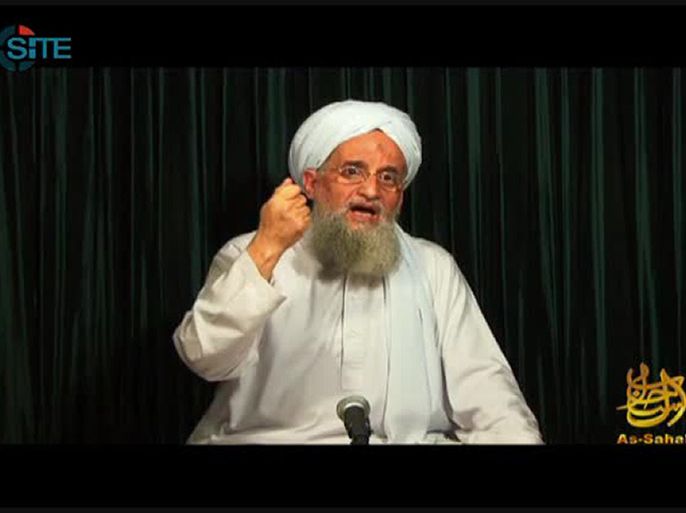 This still image from video obtained on October 26, 2012 courtesy of the Site Intelligence Group shows Al-Qaeda leader Ayman al-Zawahiri speaking in a video, from an undisclosed location, released by Al-Qaeda’s media arm, as-Sahab, and titled "Zawahiri Calls for Continuing Egyptian Revolution, Questions Morsi." Zawahiri has urged Egyptians to restart their revolution to press for Islamic law and called on Muslims to kidnap Westerners, the SITE Intelligence Group said Friday. == RESTRICTED TO EDITORIAL USE / MANDATORY CREDIT: "AFP PHOTO / Site Intelligence Group" / NO SALES / NO MARKETING / NO ADVERTISING CAMPAIGNS / DISTRIBUTED AS A