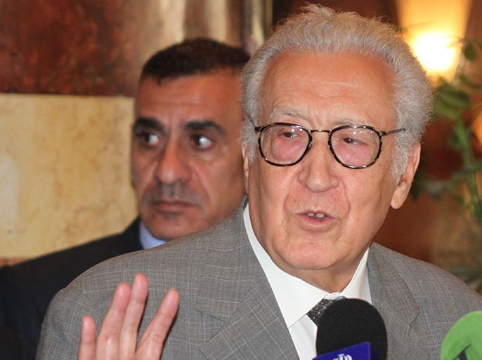 epa03440901 Lakhdar Brahimi, the joint UN and Arab League envoy, speaks with reporters following a meeting with Syrian President Bashar Assad in Damascus, Syria on 21 October 2012. Brahimi said talks were 'as usual frank and responsible' adding that the talks covered all issues relating to the Syrian crisis. Brahimi stressed that the main topic was the issue of achieving a ceasefire during the coming Eid al-Adha holiday. Bahimi flew in to push for his plan to achieve a cease-fire during the four-day holiday that begins 26 October. EPA/YOUSSEF BADAWI