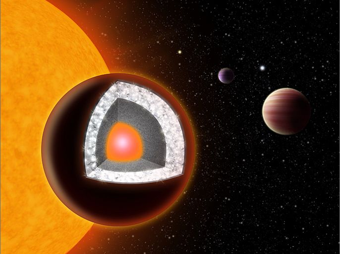 This artist's rendition released by Yale University shows interior of 55 Cancri e . In an October 11, 2012 statement by the University, new research led by Yale University scientists suggests that a rocky planet — called 55 Cancri e — twice Earth's size orbiting a nearby star is a diamond planet. “This is our first glimpse of a rocky world with a fundamentally different chemistry from Earth,” said lead researcher Nikku Madhusudhan, a Yale postdoctoral researcher in physics and astronomy. “The surface of this planet is likely covered in graphite and diamond rather than water and granite.” The planet has a radius twice Earth’s, and a mass eight times greater, making it a “super-Earth.” It is one of five planets orbiting a sun-like star, 55 Cancri, that is located 40 light years from Earth yet visible to the naked eye in the constellation of Cancer. = RESTRICTED TO EDITORIAL USE - MANDATORY CREDIT "AFP PHOTO / YALE UNIVERSITY / Haven Giguere" - NO MARKETING NO ADVERTISING CAMPAIGNS - DISTRIBUTED AS A SERVICE TO CLIENTS =