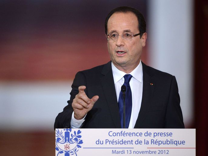 French President Francois Hollande gives his first major press conference at the Elysee Place in Paris on November 13, 2012. Hollande holds his first major press conference amid rising discontent over the flagging economy and a slump in his personal poll ratings