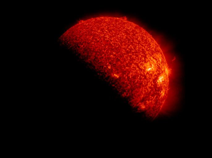 An undated Nasa handout photograph made available on 09November 2012 showing the eclipse season as twice a year, for three weeks near the equinox, NASA's Solar Dynamics Observatory (SDO) moves into its eclipse season -- a time when Earth blocks its view of the sun for a period of time each day. Any spacecraft observing the sun from an orbit around Earth has to contend with such eclipses, but SDO's orbit is designed to minimize them as much as possible. The boundaries of the shadow of Earth on the sun are not perfectly sharp since SDO can see some light from the sun coming through Earth's atmosphere. EPA/NASA/SDO/S. Hill / HANDOUT HANDOUT EDITORIAL USE ONLY