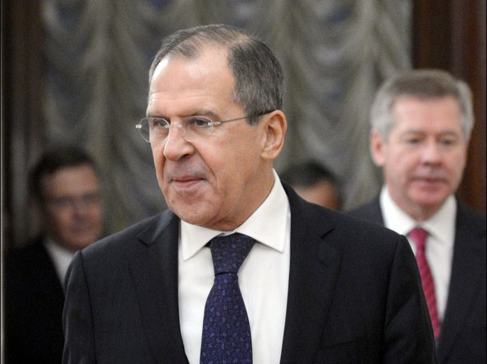 Russia's Foreign Minister Sergei Lavrov speaks in Moscow on December 28, 2012, as he meets his visiting Egypt counterpart Mohamed Amr on the Syrian crisis. AFP PHOTO / NATALIA KOLESNIKOVA