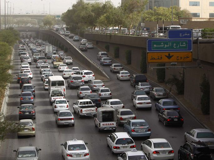 Cars stuck in heavy traffic are seen in central Riyadh