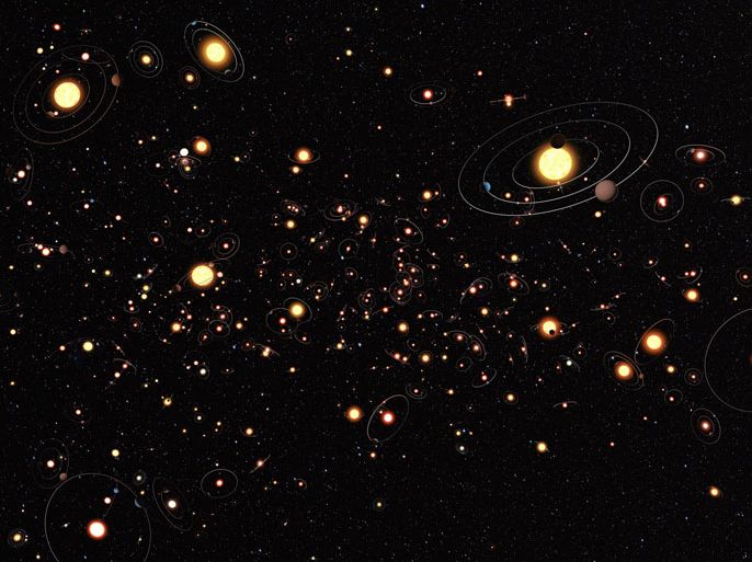 epa03195711 An undated Nasa handout artist's illustration made available on 25 April 2012 gives an impression of how common planets are around the stars in the Milky Way. Nasa tates that the planets, their orbits and their host stars are all vastly magnified compared to their real separations. A six-year search that surveyed millions of stars using the microlensing technique concluded that planets around stars are the rule rather than the exception. The average number of planets per star is greater than one. This means that there is likely to be a minimum of 1,500 planets within just 50 light-years of Earth. The results are based on observations taken over six years by the PLANET (Probing Lensing Anomalies NETwork) collaboration, which was founded in 1995. The study concludes that there are far more Earth-sized planets than bloated Jupiter-sized worlds. This is based on calibrating a planetary mass function that shows the number of planets increases for lower mass worlds. A rough estimate from this survey would point to the existence of more than 10 billion terrestrial planets across our galaxy. EPA/M. KORNMESSER (ESO) / NASA, ESA / HANDOUT HANDOUT EDITORIAL USE ONLY