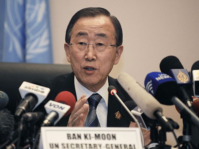 UN Secretary General Ban Ki Moon addresses the media at the African Union (AU) headquarters in Addis Ababa on January 28, 2013 during the 20th Ordinary Session of the Assembly of the Heads of State and Government. AFP PHOTO/SIMON MAINA