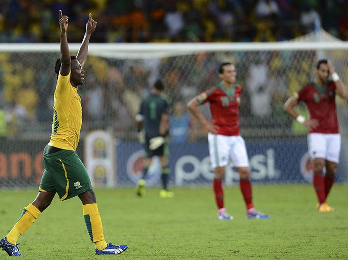 South Africa's midfielder May Mahlangu celebrates after coring a goal during the South Africa vs Morocco Africa Cup of Nations 2013 group A football match at Moses Mahiba Stadium in Durban on January 27, 2013. AFP PHOTO/ FRANCISCO LEONG