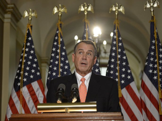 epa03514441 US Speaker of the House John Boehner delivers remarks on the fiscal cliff, on Capitol Hill in Washington DC, USA, 19 December 2012. House Speaker Boehner's 'plan B' solution to the fiscal cliff, which would raise taxes for people whose income exceeds one million dollars every year, is strongly opposed by Democrats. EPA/MICHAEL