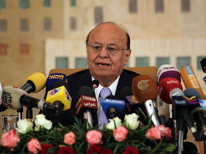 Yemeni President Abdrabuh Mansur Hadi speaks during a meeting with a United Nations Security Council delegation on January 27, 2013 in the Yemeni capital Sanaa. The UN delegation began a brief visit in a clear boost to Yemen's President aimed at helping to iron out problems hampering national reconciliation talks. AFP PHOTO/ MOHAMMED HUWAIS