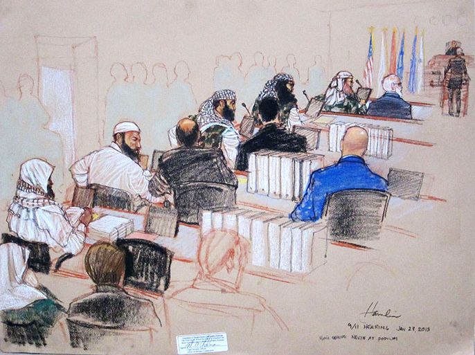 (L-R, wearing camouflage) Ramzi, Walid bin Attash and Khalid Sheikh Mohammad, three of the alleged conspirators in the 9/11 attacks, attend court dressed in camouflage during hearings in Guantanamo Bay, Cuba January 28, 2013 in this Pentagon-approved court sketch. Defense lawyer Cheryl Bormann, in hijab, stands at the podium before presiding judge Army Colonel James Pohl. REUTERS/Janet Hamlin (UNITED STATES - Tags: CRIME LAW MILITARY CONFLICT)