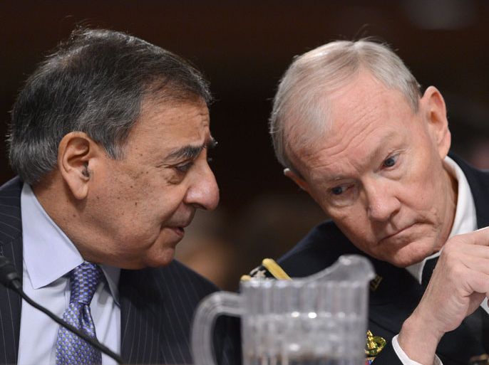 US Secretary of Defense Leon Panetta(L) and Chairman of the Joint Chiefs Martin Dempsey arrive to testify on the attack on the US facilities in Benghazi, Libya, before the Senate Armed Services Committee on Capitol Hill in Washington, DC, on February 7, 2013
