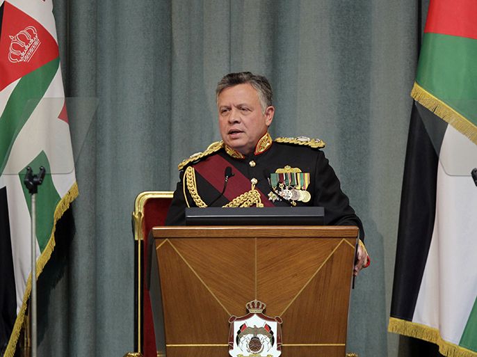 Jordan's King Abdullah II addresses the opening of the Jordanian Parliament in the capital Amman on February 10, 2013. King Abdullah told newly elected Members of Parliament that he seeks to reach "consensus" with them before naming a prime minister, and hailed the "historic transformation" towards parliamentary government in Jordan. AFP PHOTO / KHALIL MAZRAAWI