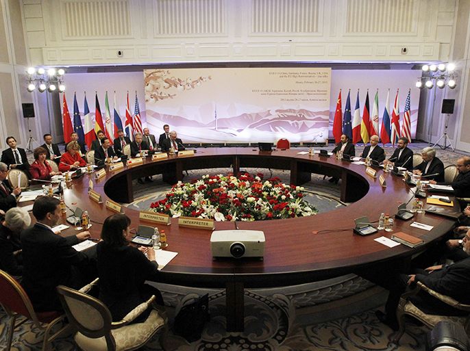 Top officials from the United States, France, Germany, Britain, China, Russia and Iran take part in talks on Iran's nuclear programme in the Kazakh city of Almaty on February 27, 2013. World powers and Iran were due to respond today to offers presented by both sides in a final day of talks aimed at breaking a decade of deadlock over Tehran's nuclear drive. AFP PHOTO / POOL / SHAMIL ZHUMATOV