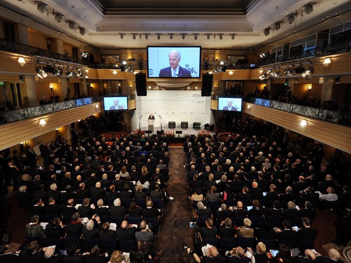 epa03564919 US vice president Joe Biden speaks on the second day of the 49th Munich Security Conference at Hotel Bayerischer Hof in Munich, Germany, 02 February 2013. More than 400 foreign and defence policy heavyweights were to discuss Mali, Syria and other global trouble spots. The Munich Security Conference (MSC) brings together some 400 guests - a dozen heads of state and government, 70 ministers as well as leaders from defence and business, including