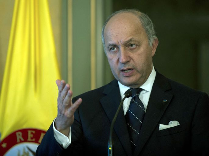 EAS776 - Bogotá, -, COLOMBIA : French Foreign Minister Laurent Fabius speaks during a press conference at San Carlos Palace in Bogota, on February 25, 2012. AFP PHOTO/Eitan Abramovich