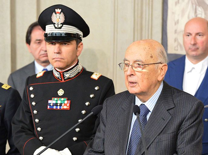Italy's President Giorgio Napolitano gives a press conference on March 30, 2013 at the Quirinale, the Italian presidential palace in Rome. Italy's president asks 'two groups' to break government impasse. The latest round of talks between political leaders ended with no solution in sight yesterday after the three main political forces proposed different visions for a future government. AFP PHOTO / VINCENZO PINTO