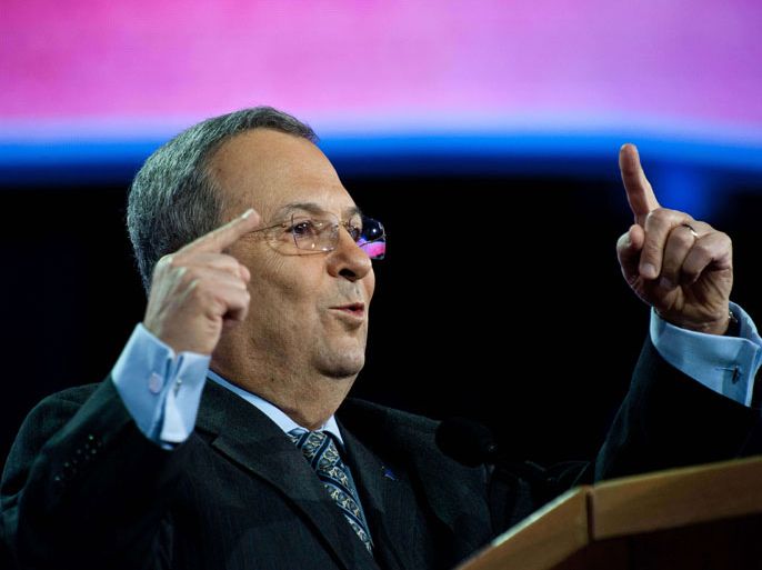 Israeli Defense Minister Ehud Barak addresses the American Israel Public Affairs Committee (AIPAC) annual policy conference in Washington on March 3, 2013. AFP PHOTO/Nicholas KAMM