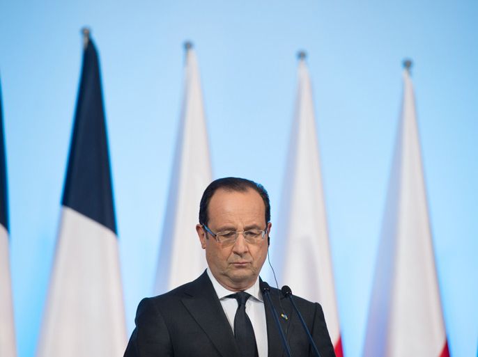 French President Francois Hollande is pictured during a press conference following a meeting with Visegrad Group (Poland, the Czech Republic, Hungary and Slovakia) on March 6, 2013 in Warsaw