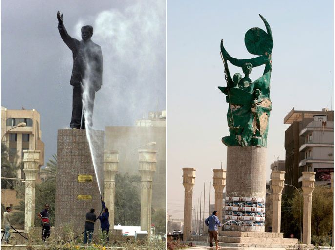 A combo picture shows Baghdad municipal workers cleaning a statue of Iraqi President SaddamHussein in al-Fardous square (L) on March 30, 2003. The second picture shows Baghdad municipal worker cleaning the statue of liberty on March 9, 2008 which replaced the statue of Saddam Hussein in al-Ferdous square, five years after the US led war on Iraq which toppled Saddam's regime.