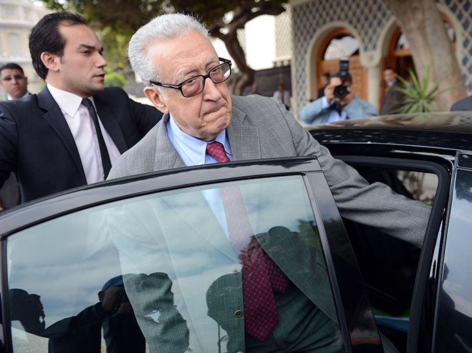 Special Representative of the United Nations and the League of Arab States on Syria Lakhdar Brahimi leaves after a meeting with Arab League general secretary Nabil al-Arabi after their Joint press conference in Cairo on March 18, 2013. AFP PHOTO / KHALED DESOUKI