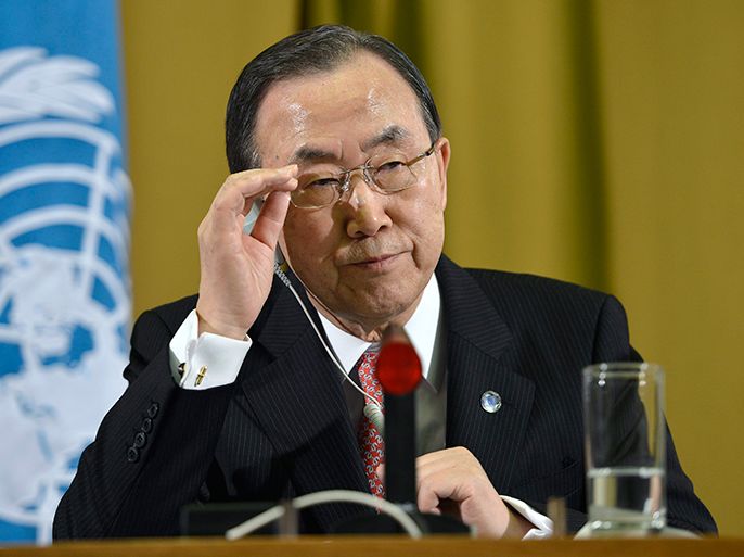 epa03606066 United Nations Secretary-General, Ban Ki-moon, is seen during a press conference after the High-Level Segment of the 22nd Session of the Human Rights Council, at the European headquarters of the United Nations in Geneva, Switzerland, 01 March 2013. EPA/MARTIAL TREZZINI