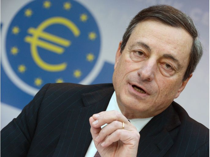 epa03613735 Mario Draghi, the President of the European Central Bank (ECB), speaks at a news conference at the ECB in Frankfurt/Main, Germany, 07 March 2013. The European Central Bank considered on 07 March cutting interest rates but left them unchanged in the Euro area at 0.75 percent. 'We discussed the possibility of doing it,' ECB President Mario Draghi said during a press conference. EPA/ARNE DEDERT