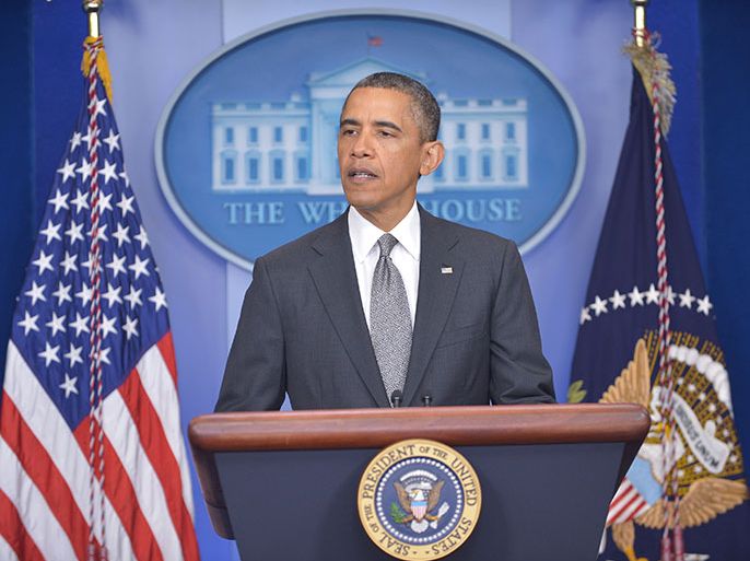 US President Barack Obama speaks on the Boston Marathon bombings on April 16, 2013 in the Brady Briefing Room of the White House in Washingoton, DC. At least 3 people were killed