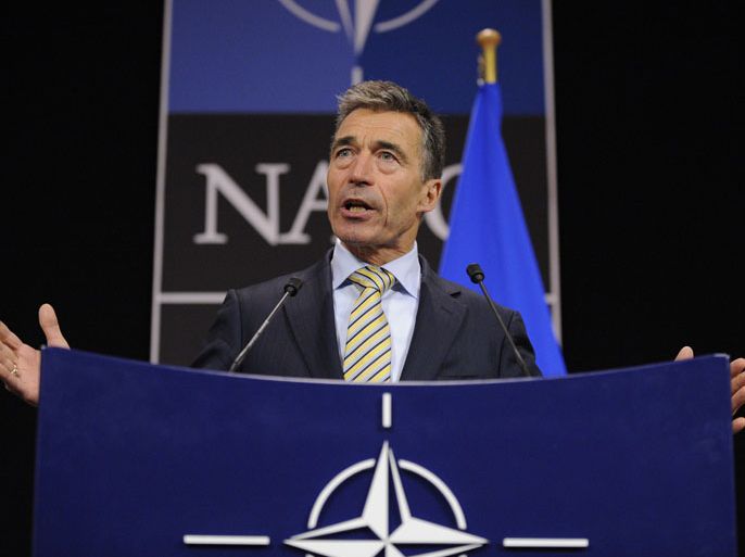 NATO Secretary General Anders Fogh Rasmussen gives a press conference during a NATO Foreign Affairs ministers meeting at the NATO headquarters in Brussels on April 23, 2013. AFP PHOTO / JOHN THYS