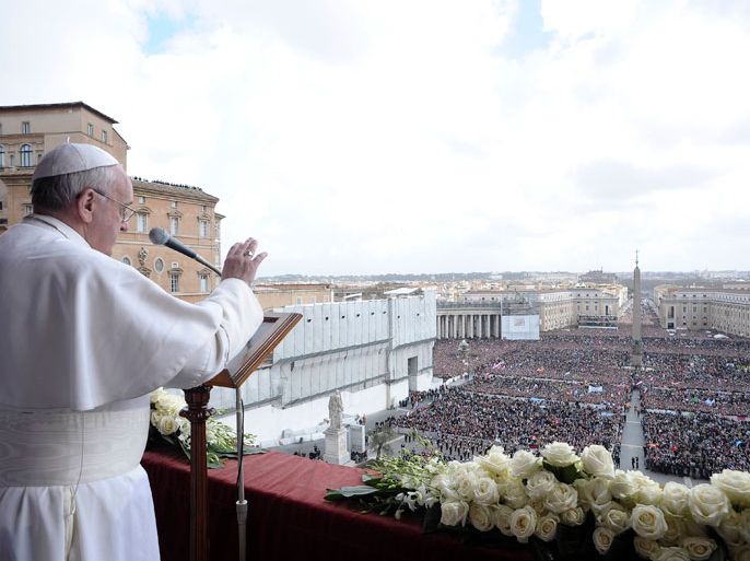 Pope Francis speaks during his "Urbi et Orbi" (To the City and the World) address from a balcony in St. Peter's Square at the Vatican March 31, 2013. REUTERS/Osservatore Romano (VATICAN - Tags: RELIGION) ATTENTION EDITORS - THIS IMAGE HAS BEEN SUPPLIED BY A THIRD PARTY. IT IS DISTRIBUTED, EXACTLY AS RECEIVED BY REUTERS, AS A SERVICE TO CLIENTS. FOR EDITORIAL USE ONLY. NOT FOR SALE FOR MARKETING OR ADVERTISING CAMPAIGNS