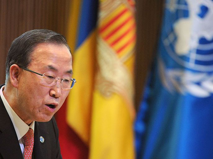 United Nations Secretary-General Ban Ki-Moon (2nd L) gives a speech on April 2, 2013 at the general council of the Andorra principality, in Andorra la Vella. Ban said on April 2 that tensions had already soared too high on the Korean peninsula and warned Pyongyang against making nuclear threats. "The current crisis has already gone too far," Ban said in Andorra. AFP PHOTO / PASCAL PAVANI